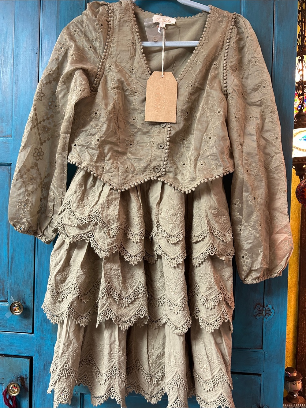 Listicle Cream Eyelet Lace Tiered Jacket & Skirt Set